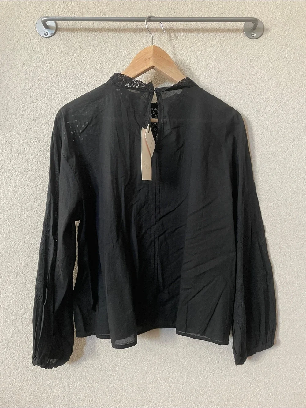 Zara Black Lace-Trim Long-Sleeve Blouse Top Sz:M Black